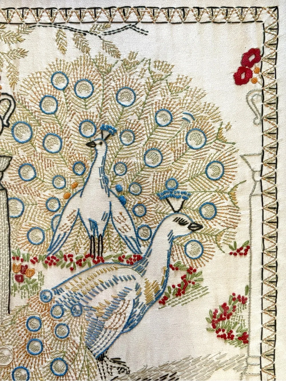 Vintage- Framed w/ Glass Embroidered Peacocks and florals
